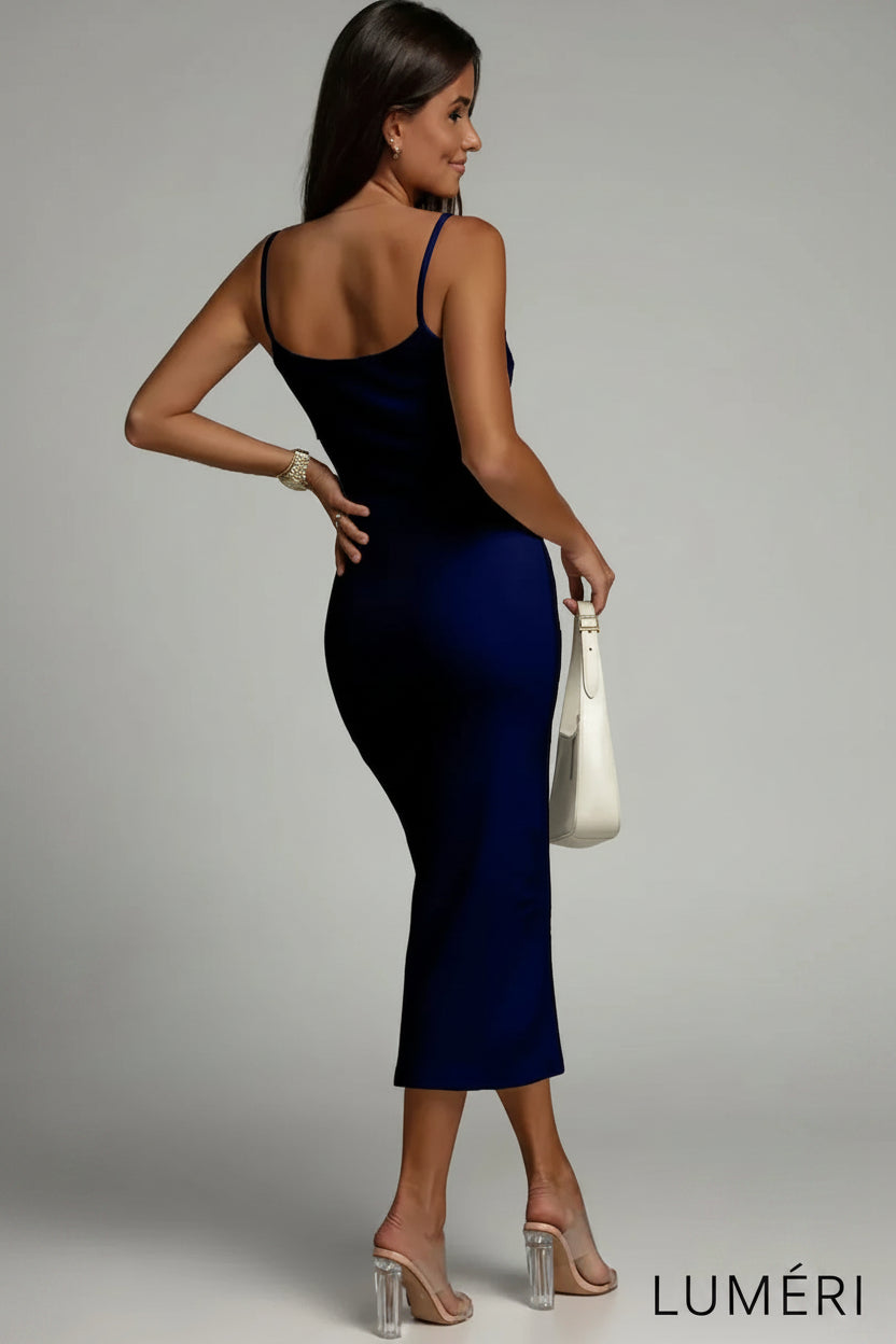 Luméri Muse | Midi Dress With A Slit Navy Blue 2 worn on model – LUMÉRI