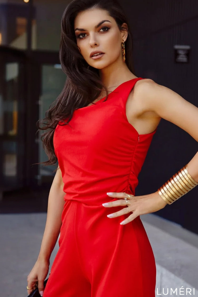 Luméri Studio | Elegant One Shoulder Jumpsuit With Wide Legs Red 3 close-up detail – LUMÉRI