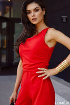 Luméri Studio | Elegant One Shoulder Jumpsuit With Wide Legs Red 3 close-up detail – LUMÉRI