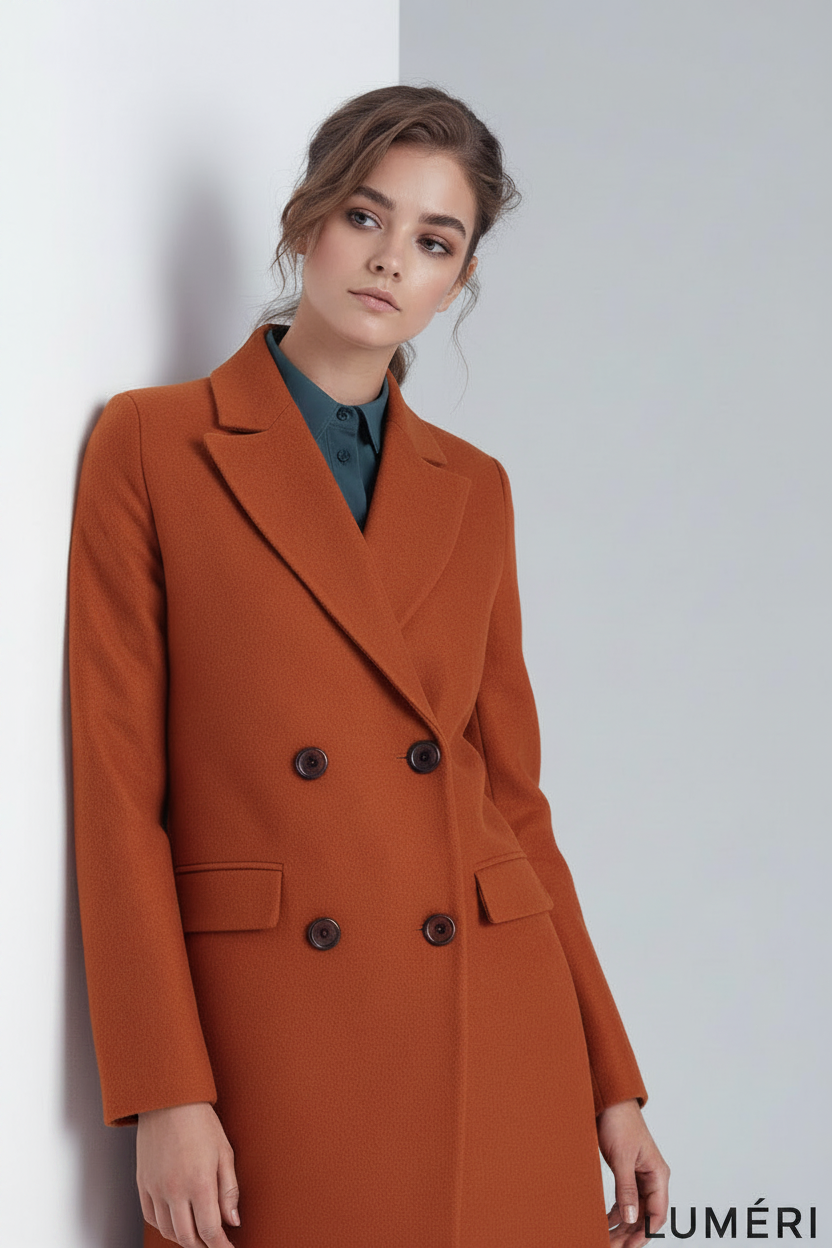 Woman wearing a brown coat against a white background, with 'LUMERI' branding.