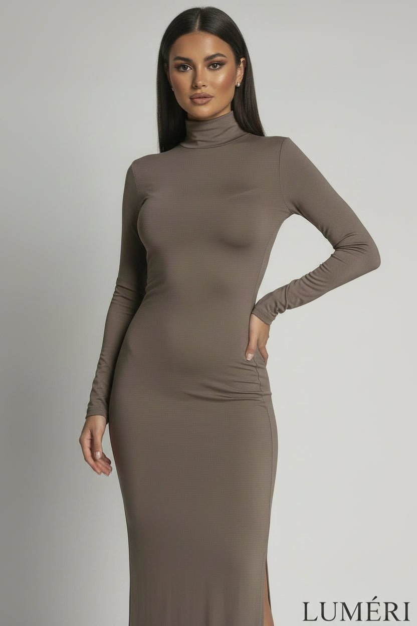 Luméri Muse | Smooth Long Sleeved Cappuccino Turtleneck Dress 3 close-up detail – LUMÉRI