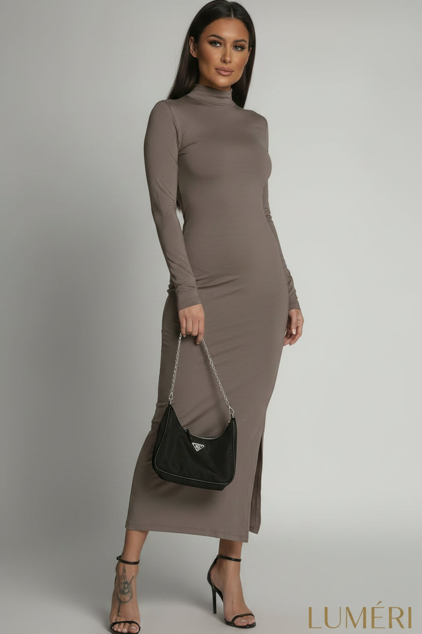 Luméri Muse | Smooth Long Sleeved Cappuccino Turtleneck Dress 1 – LUMÉRI