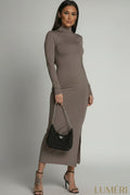 Luméri Muse | Smooth Long Sleeved Cappuccino Turtleneck Dress 1 – LUMÉRI