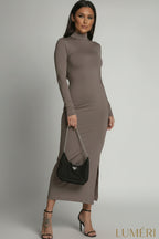 Luméri Muse | Smooth Long Sleeved Cappuccino Turtleneck Dress 1 – LUMÉRI