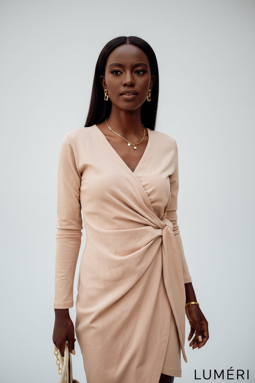Luméri Muse | Envelope Dress With An Asymmetrical Bottom Beige 4 – LUMÉRI