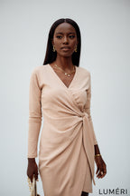 Luméri Muse | Envelope Dress With An Asymmetrical Bottom Beige 4 – LUMÉRI