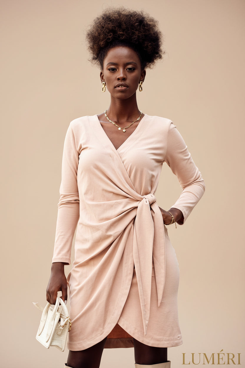 Luméri Muse | Envelope Dress With An Asymmetrical Bottom Beige 3 close-up detail – LUMÉRI