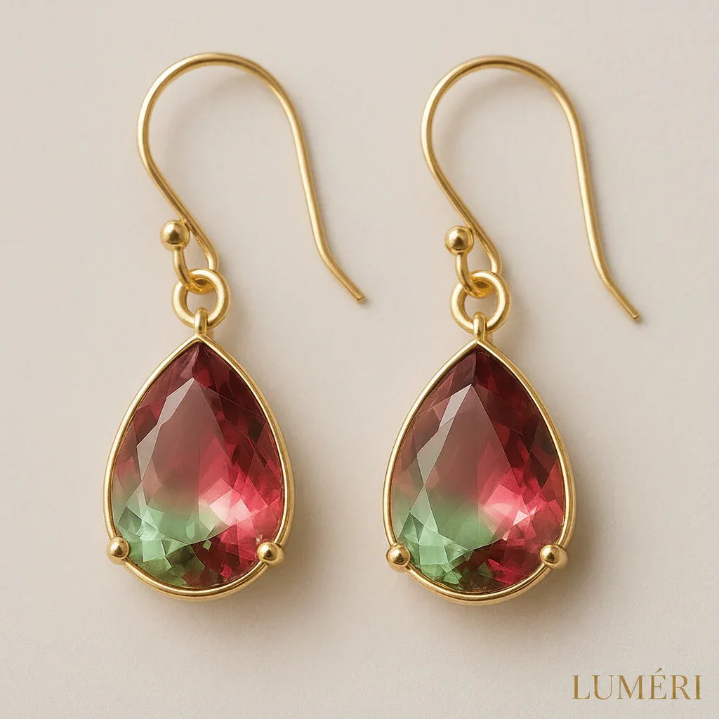 Luméri Essence | Elegant Drop Shaped Earrings Green Pink Glass 18k Gold Hooks close-up detail – LUMÉRI