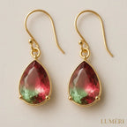 Luméri Essence | Elegant Drop Shaped Earrings Green Pink Glass 18k Gold Hooks close-up detail – LUMÉRI