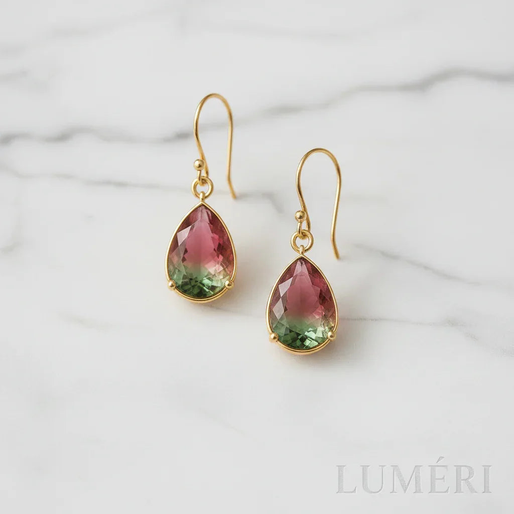 Luméri Essence | Elegant Drop Shaped Earrings Green Pink Glass 18k Gold Hooks product photo – LUMÉRI