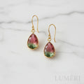 Luméri Essence | Elegant Drop Shaped Earrings Green Pink Glass 18k Gold Hooks product photo – LUMÉRI