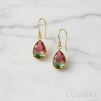 Luméri Essence | Elegant Drop Shaped Earrings Green Pink Glass 18k Gold Hooks product photo – LUMÉRI