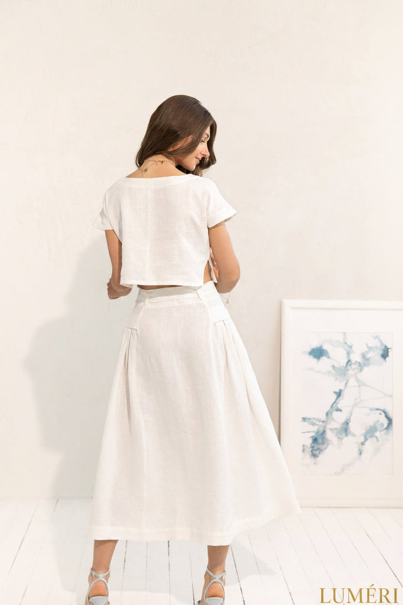 Luméri Studio | Linen Crop Top And Midi Skirt Set worn on model – LUMÉRI