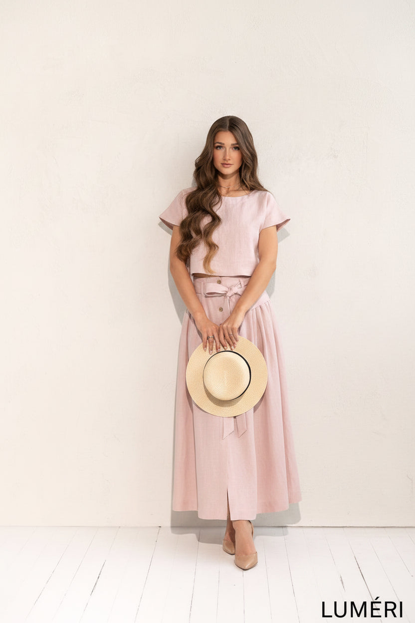 Luméri Studio | Pale Pink Linen Crop Top And Midi Skirt Co Ord Set close-up detail – LUMÉRI