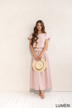 Luméri Studio | Pale Pink Linen Crop Top And Midi Skirt Co Ord Set close-up detail – LUMÉRI