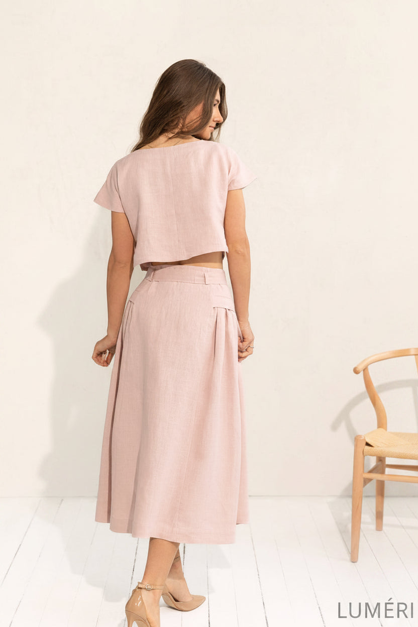 Luméri Studio | Pale Pink Linen Crop Top And Midi Skirt Co Ord Set – LUMÉRI