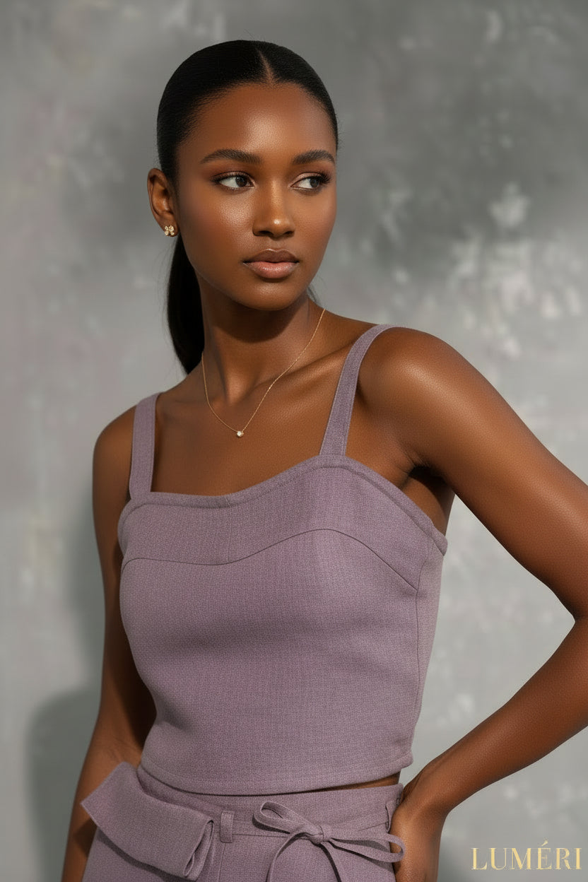 Luméri Studio | Set In Pastel Plum Linen Crop Top And Midi Skirt worn on model – LUMÉRI