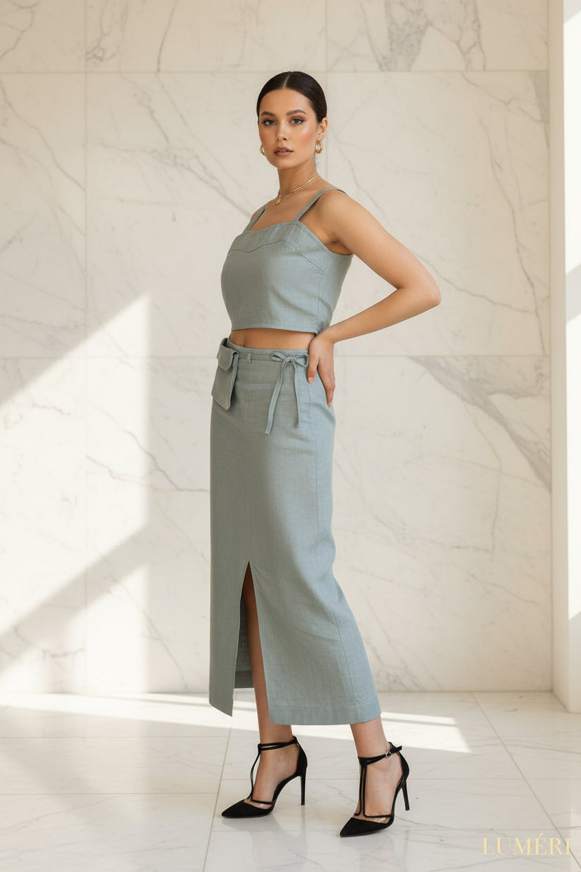 Luméri Studio | Set In Greyish Mint Linen Crop Top And Midi Skirt – LUMÉRI
