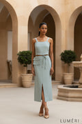 Luméri Studio | Set In Greyish Mint Linen Crop Top And Midi Skirt product photo – LUMÉRI