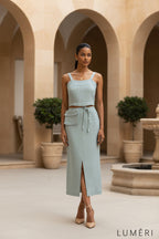 Luméri Studio | Set In Greyish Mint Linen Crop Top And Midi Skirt product photo – LUMÉRI