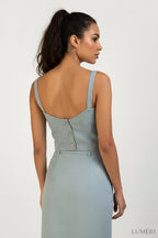 Luméri Studio | Set In Greyish Mint Linen Crop Top And Midi Skirt close-up detail – LUMÉRI