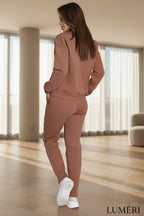 Luméri Leisure | Ladies Insulated Tracksuit Top And Loose Pants Beige 2 worn on model – LUMÉRI