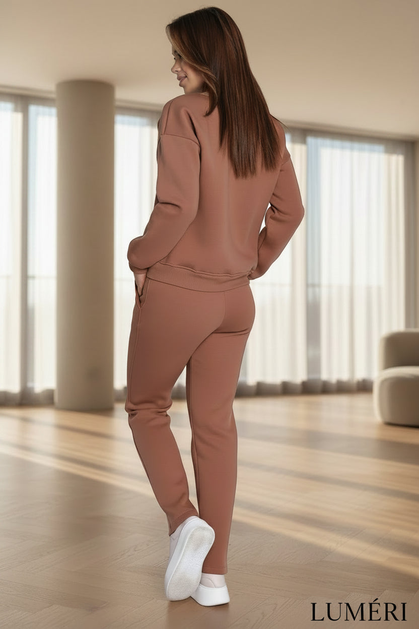 Luméri Leisure | Ladies Insulated Tracksuit Top And Loose Pants Beige 2 worn on model – LUMÉRI