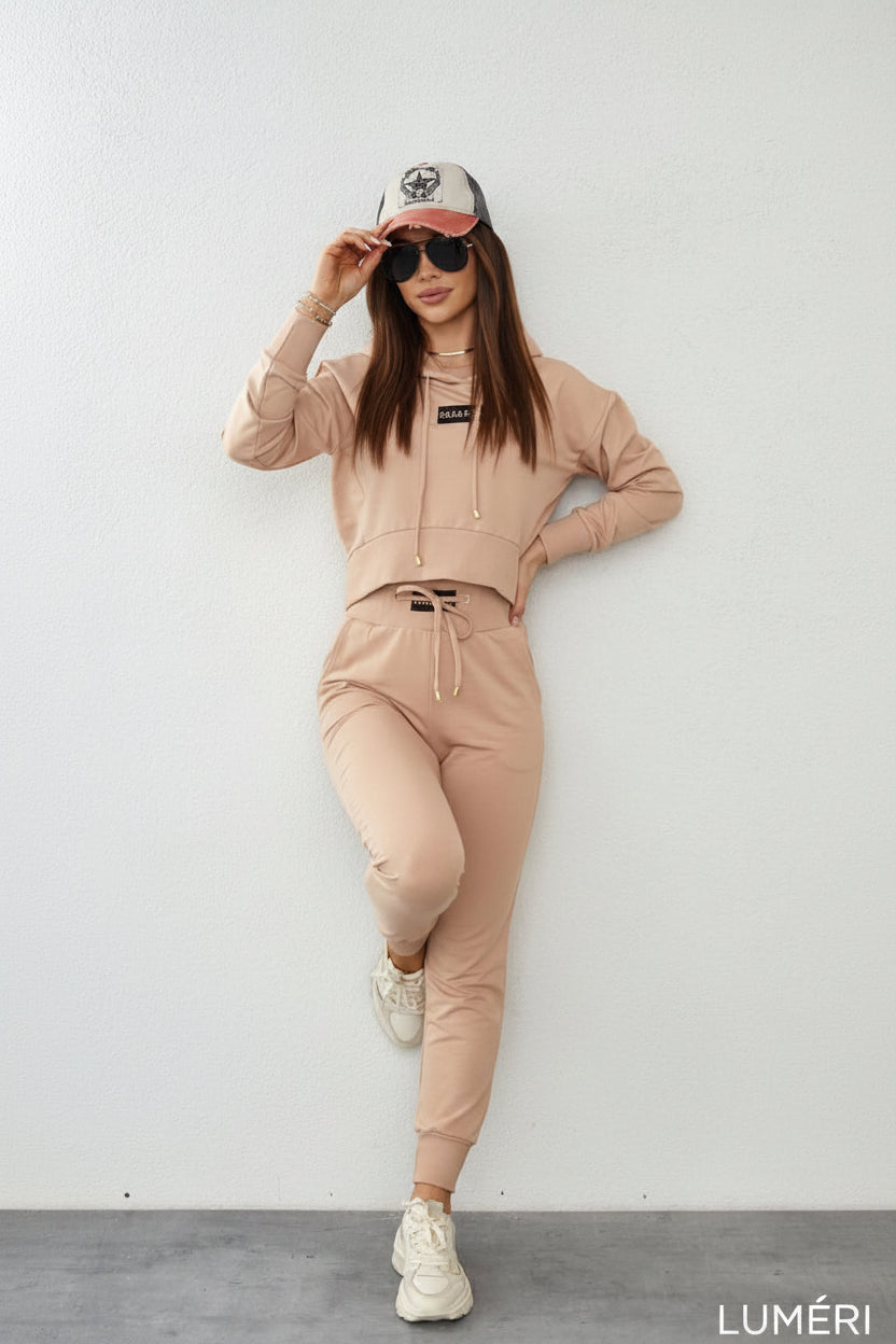Luméri Leisure | Womens Tracksuit Set With An Asymmetric Sweatshirt Beige 1 – LUMÉRI