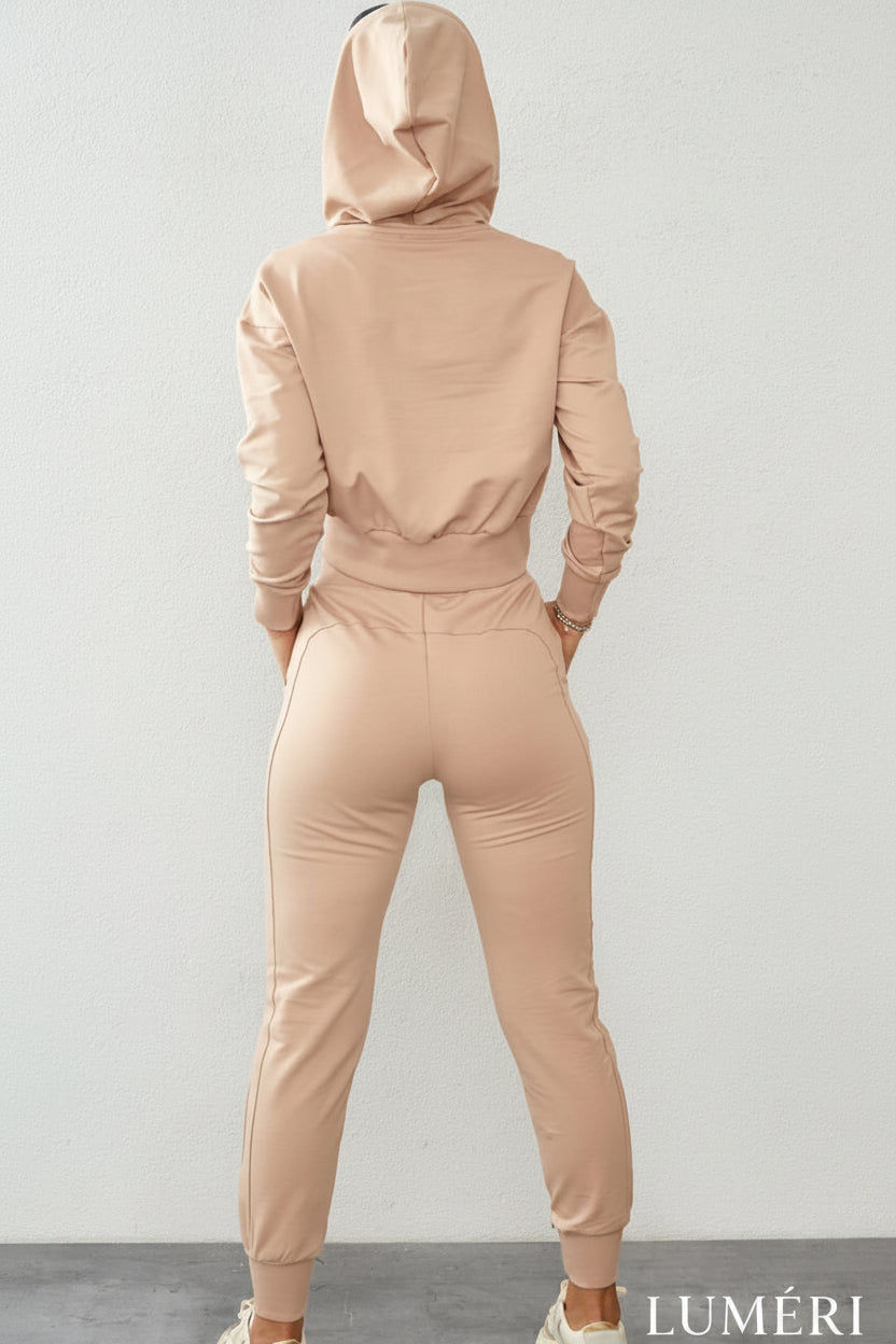 Luméri Leisure | Womens Tracksuit Set With An Asymmetric Sweatshirt Beige 2 worn on model – LUMÉRI