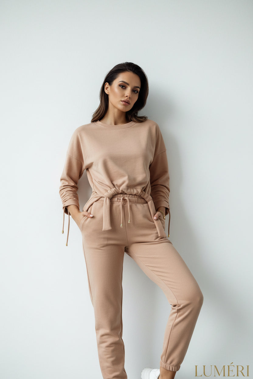Luméri Leisure | Smooth Womens Tracksuit With An Asymmetric Sweatshirt Beige 4 – LUMÉRI