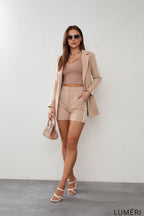 Luméri Studio | Beige Set With Stripes Jacket And Shorts 2 worn on model – LUMÉRI