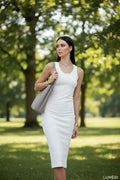 Luméri Muse | Light Beige Midi Dress With Straps Fitted 1 – LUMÉRI