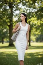 Luméri Muse | Light Beige Midi Dress With Straps Fitted 1 – LUMÉRI