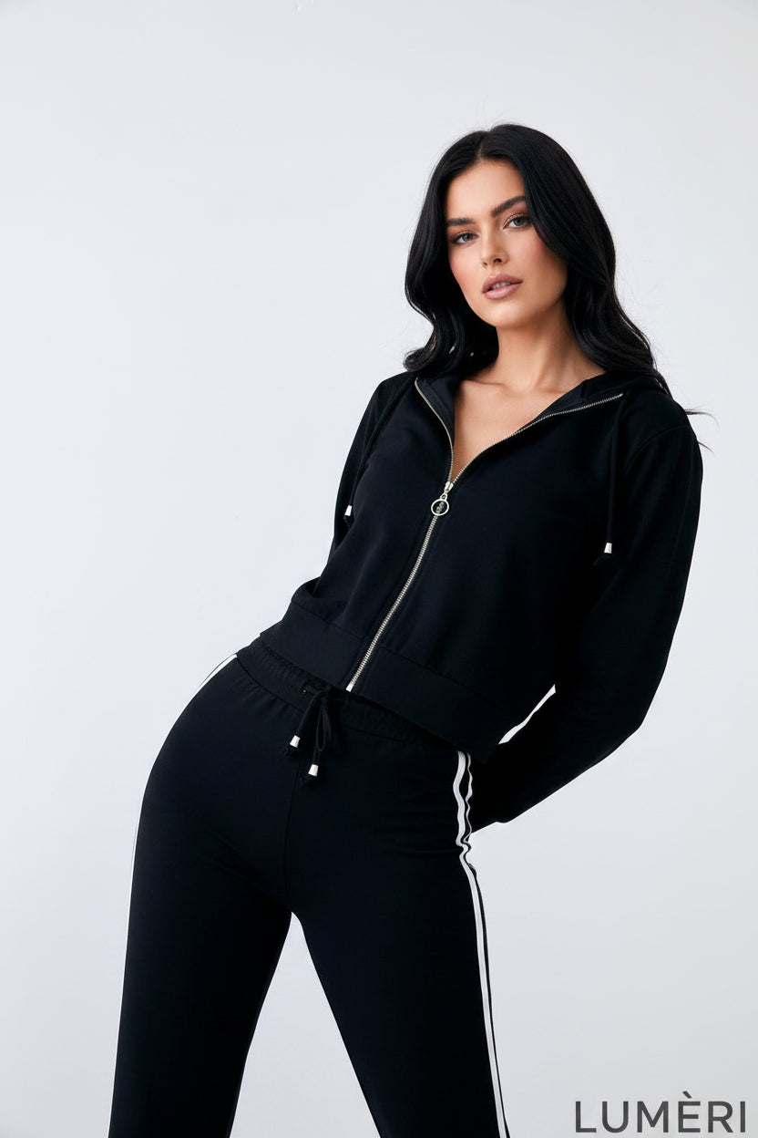 Luméri Leisure | Womens Tracksuit Set With Stripes Black 2 worn on model – LUMÉRI