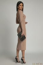 Luméri Muse | Ribbed Dress With A Cappuccino Neckline 2 worn on model – LUMÉRI