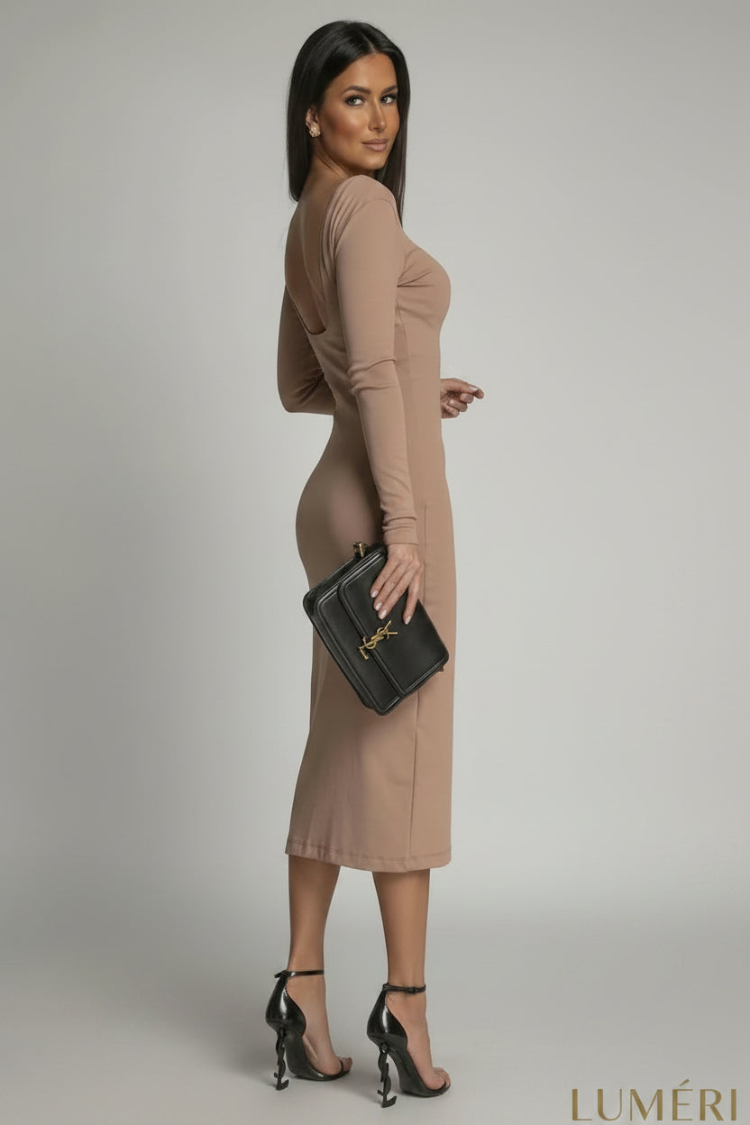 Luméri Muse | Ribbed Dress With A Cappuccino Neckline 2 worn on model – LUMÉRI