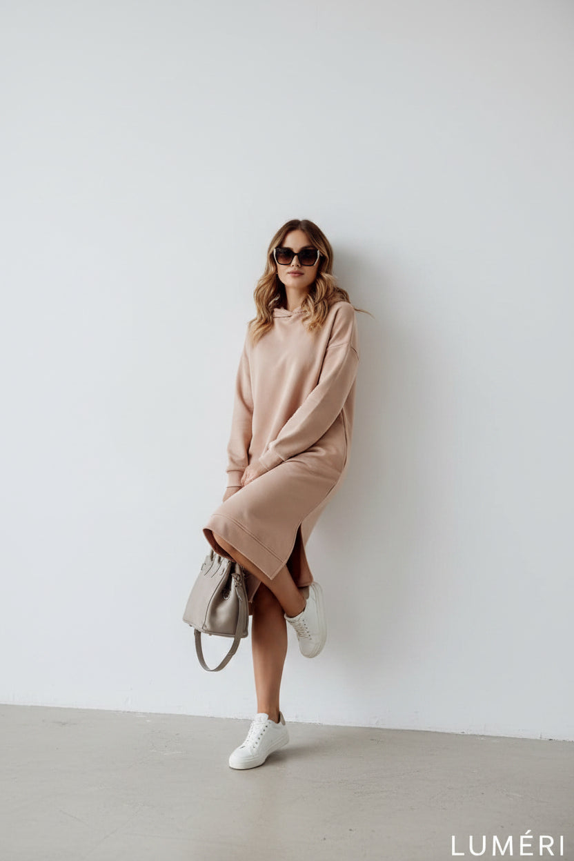 Luméri Muse | Sports Midi Dress With A Hood Beige 2 worn on model – LUMÉRI