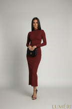 Luméri Muse | Cotton Fitted Maxi Dress With A Turtleneck Burgundy 2 worn on model – LUMÉRI