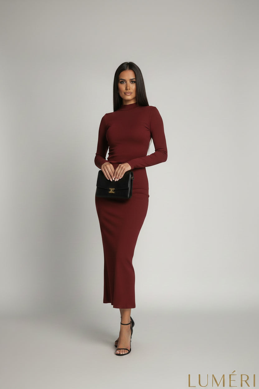 Luméri Muse | Cotton Fitted Maxi Dress With A Turtleneck Burgundy 2 worn on model – LUMÉRI
