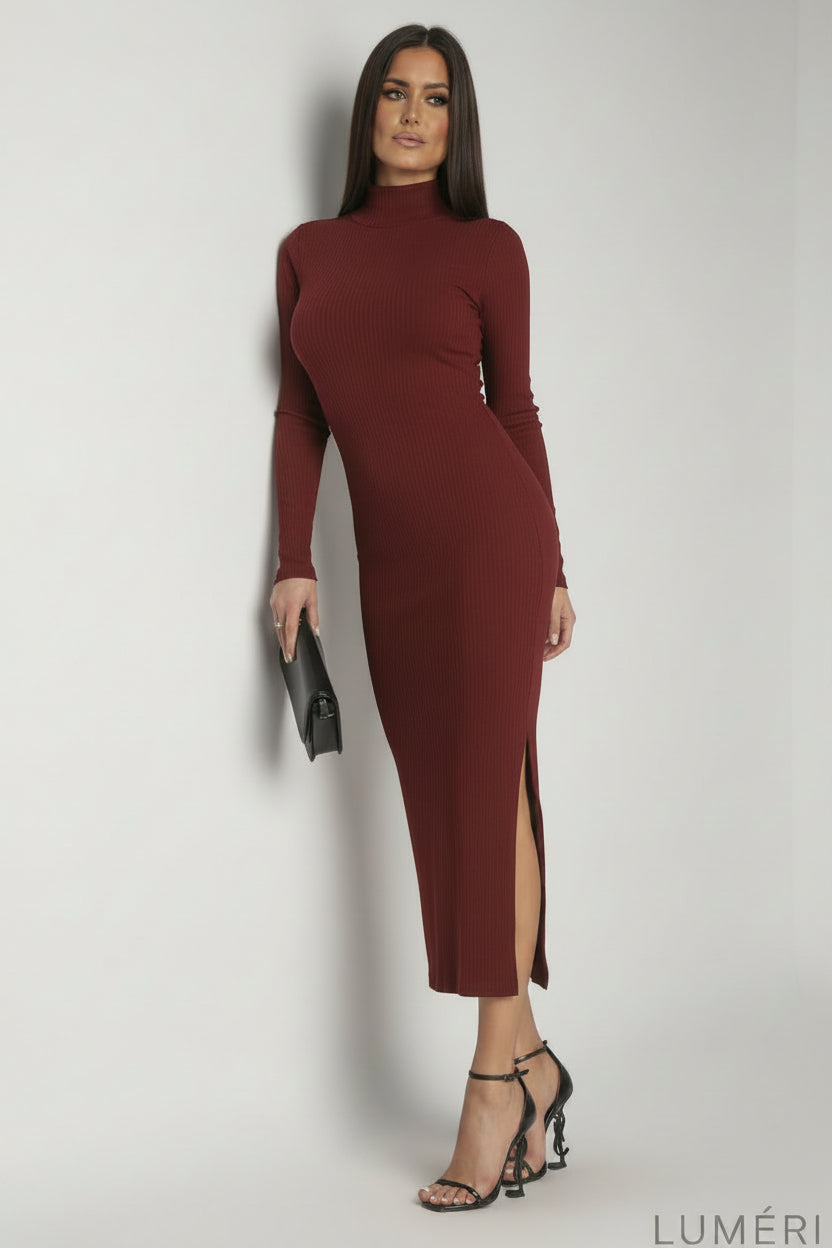 Luméri Muse | Cotton Fitted Maxi Dress With A Turtleneck Burgundy 3 close-up detail – LUMÉRI