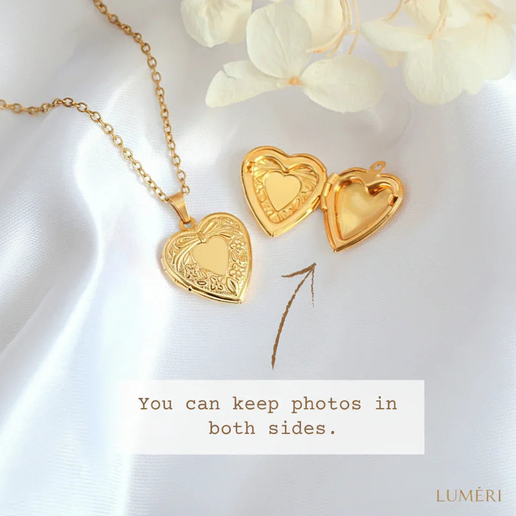 Luméri Bloom | 18 Karats Heart Locket Necklace close-up detail – LUMÉRI