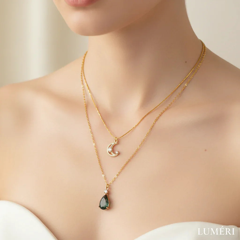 Luméri Bloom | Moon Layered Necklace 18 Karats Gold Plated worn on model – LUMÉRI