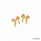 Luméri Essence | Gold Small Bow Drop Earrings For Women Elegant Delicate Jewelry close-up detail – LUMÉRI