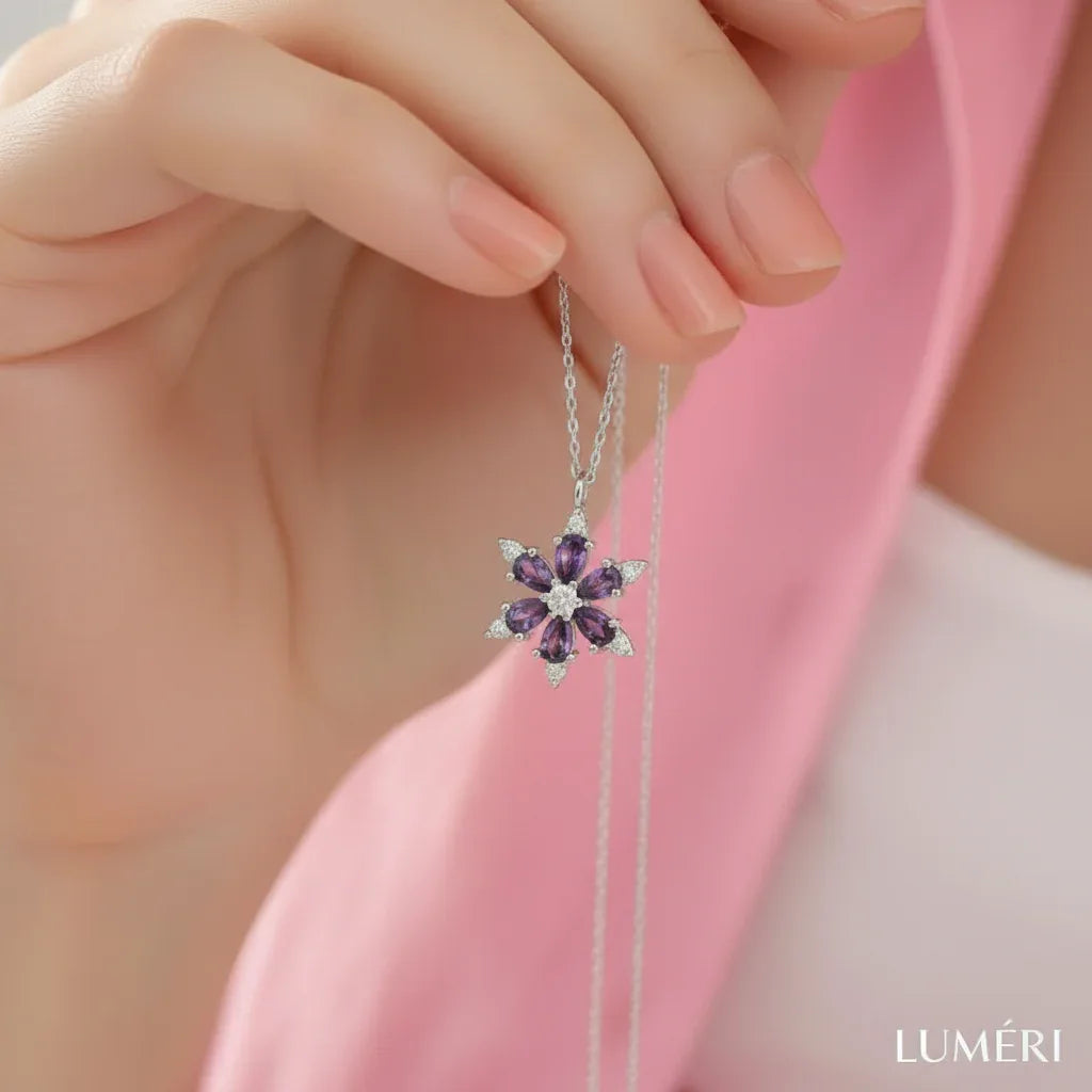 Luméri Aura | 925 Sterling Silver Lotus Camellia With Amethyst Teardrop Stone – LUMÉRI luxury jewelry