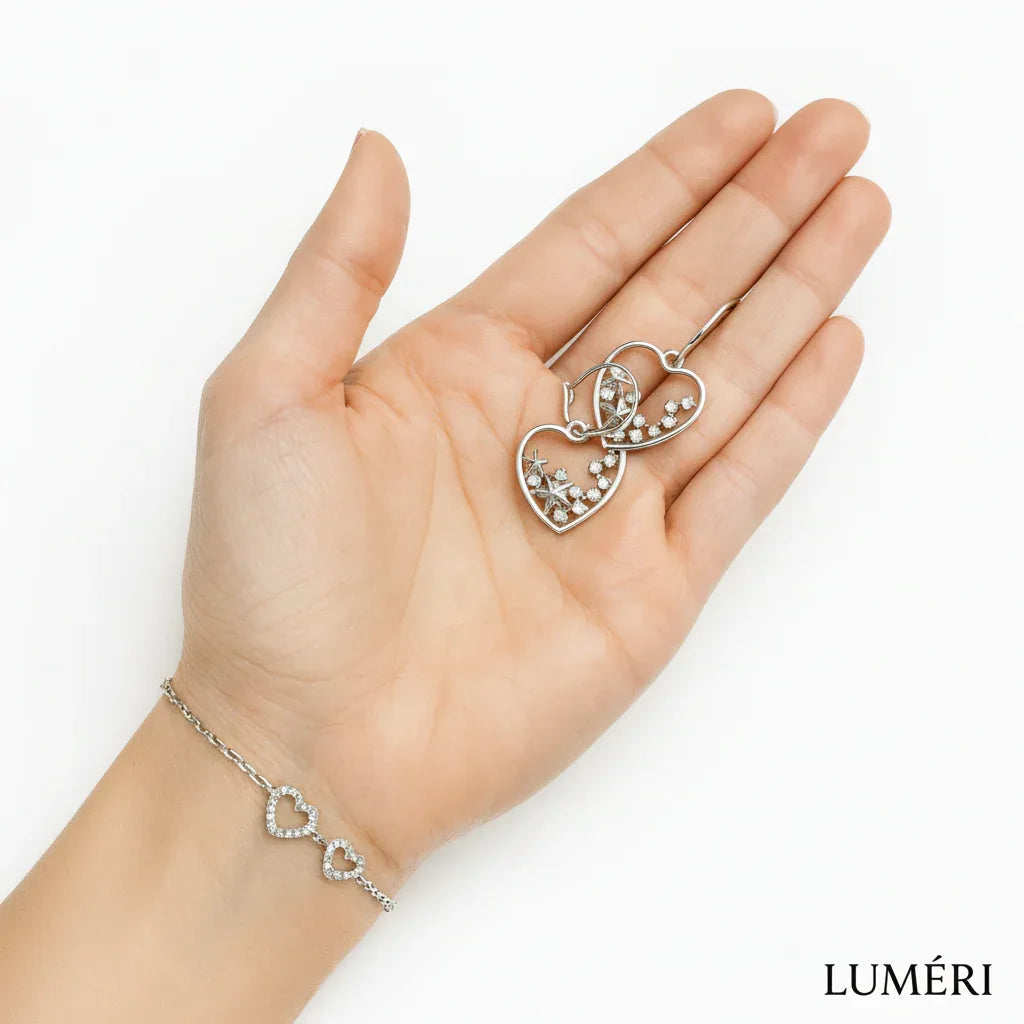 Luméri Bloom | Handmade Heart Earrings With Stars And Pearls worn on model – LUMÉRI