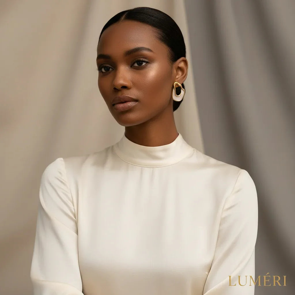 Luméri Essence | Asymmetric Plaid Enamel Gold Tone Women Modern Stylish Jewelry worn on model – LUMÉRI