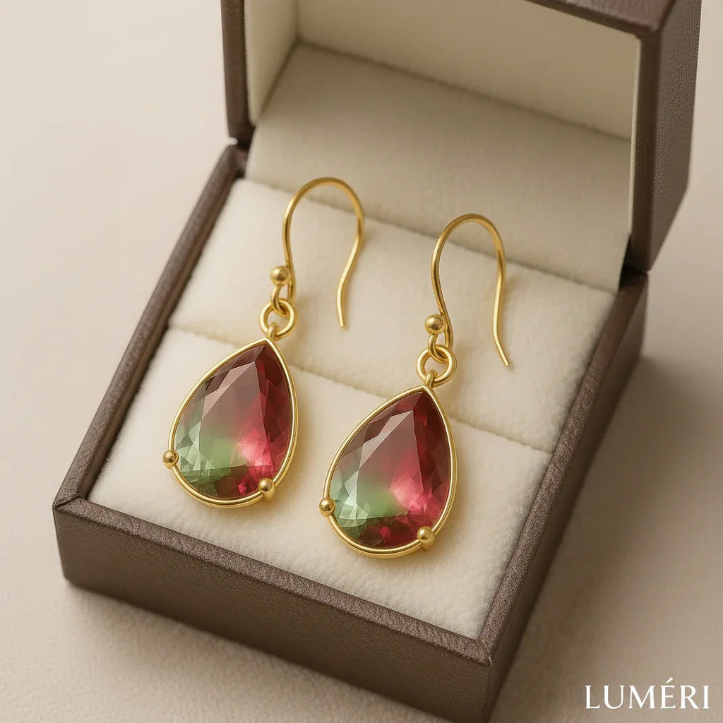 Luméri Essence | Elegant Drop Shaped Earrings Green Pink Glass 18k Gold Hooks – LUMÉRI luxury jewelry