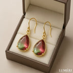 Luméri Essence | Elegant Drop Shaped Earrings Green Pink Glass 18k Gold Hooks – LUMÉRI luxury jewelry