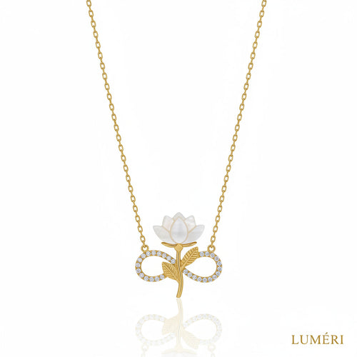 Luméri Aura | 925 Sterling Silver Gold Plated White Rose Infinity Necklace Zircon worn on model – LUMÉRI