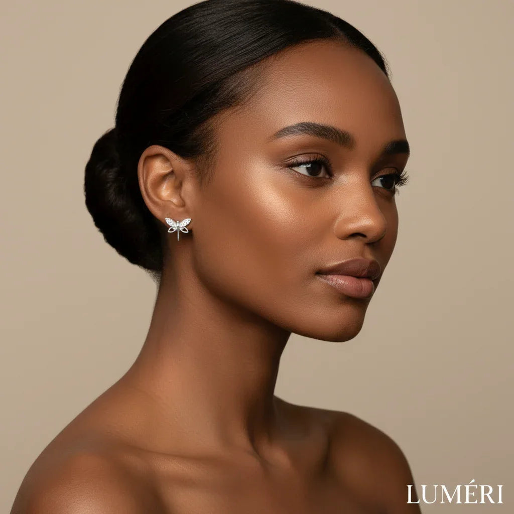 Luméri Bloom | 925 Sterling Silver Dragonfly Earrings With White Zircon For Women worn on model – LUMÉRI